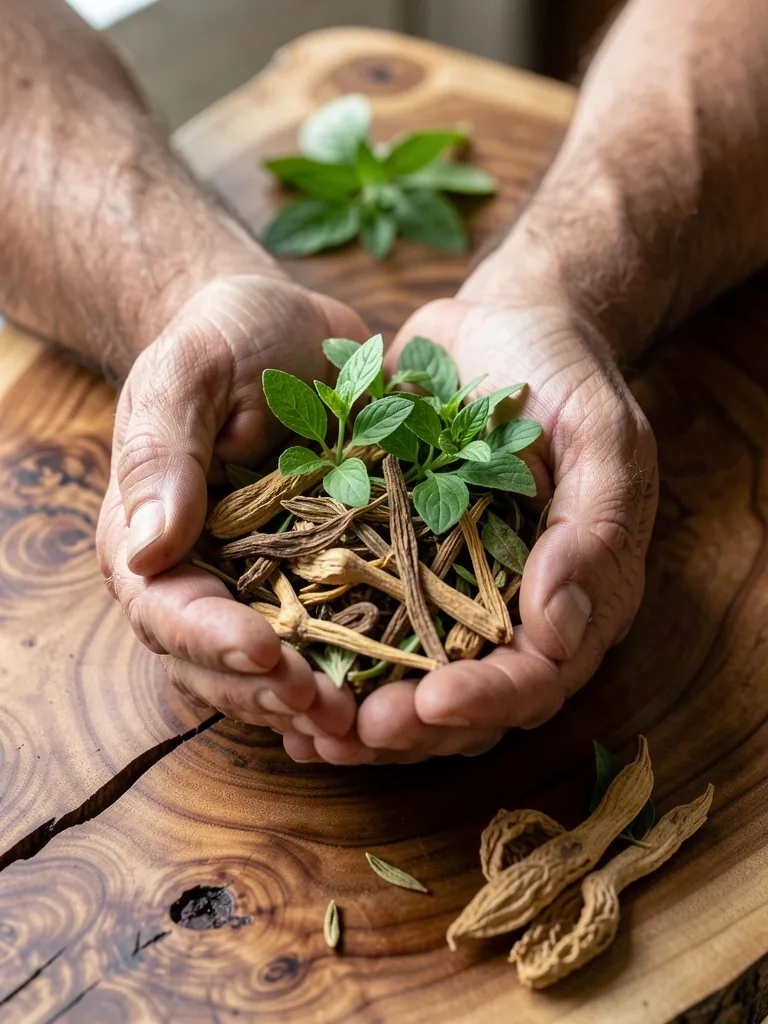 Hands holding natural botanical ingredients