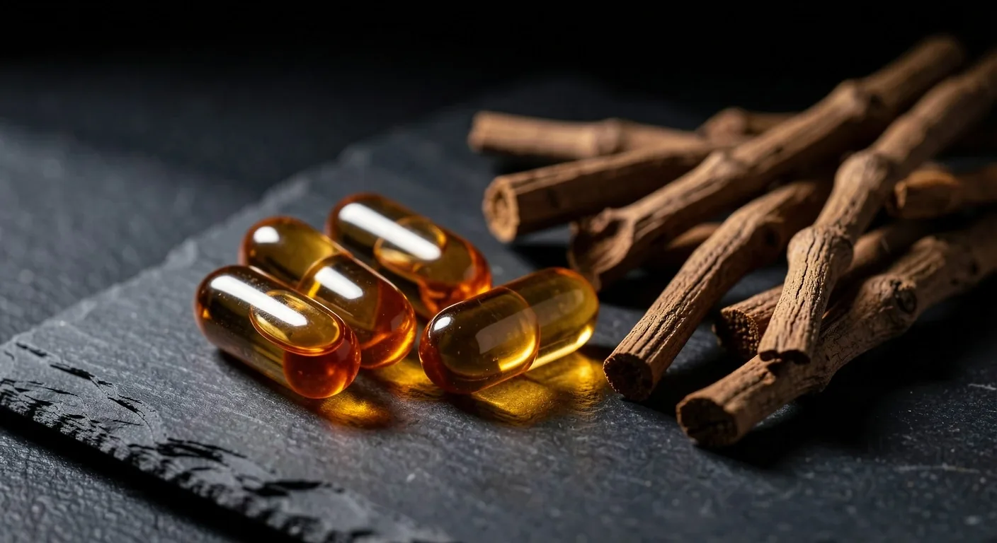 Natural supplement capsules and botanical roots on dark surface