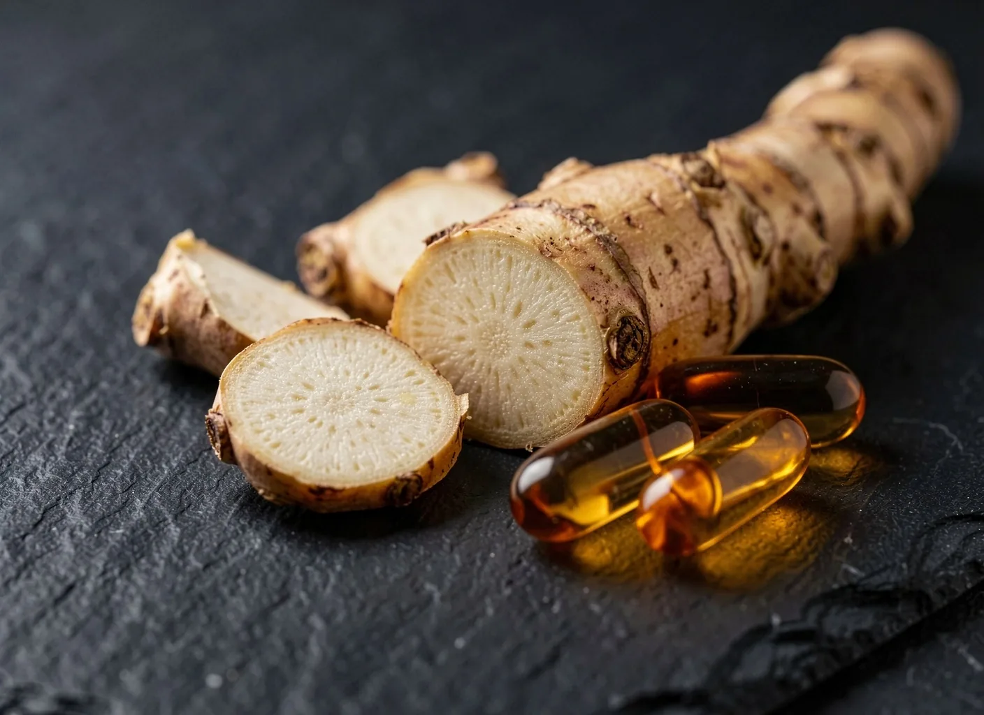 Natural supplement ingredients and capsules on dark surface