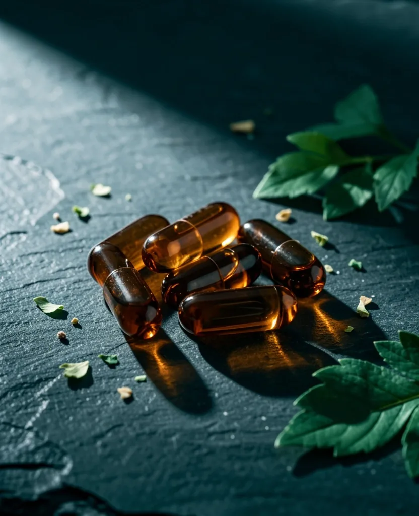 Natural supplement capsules on stone surface